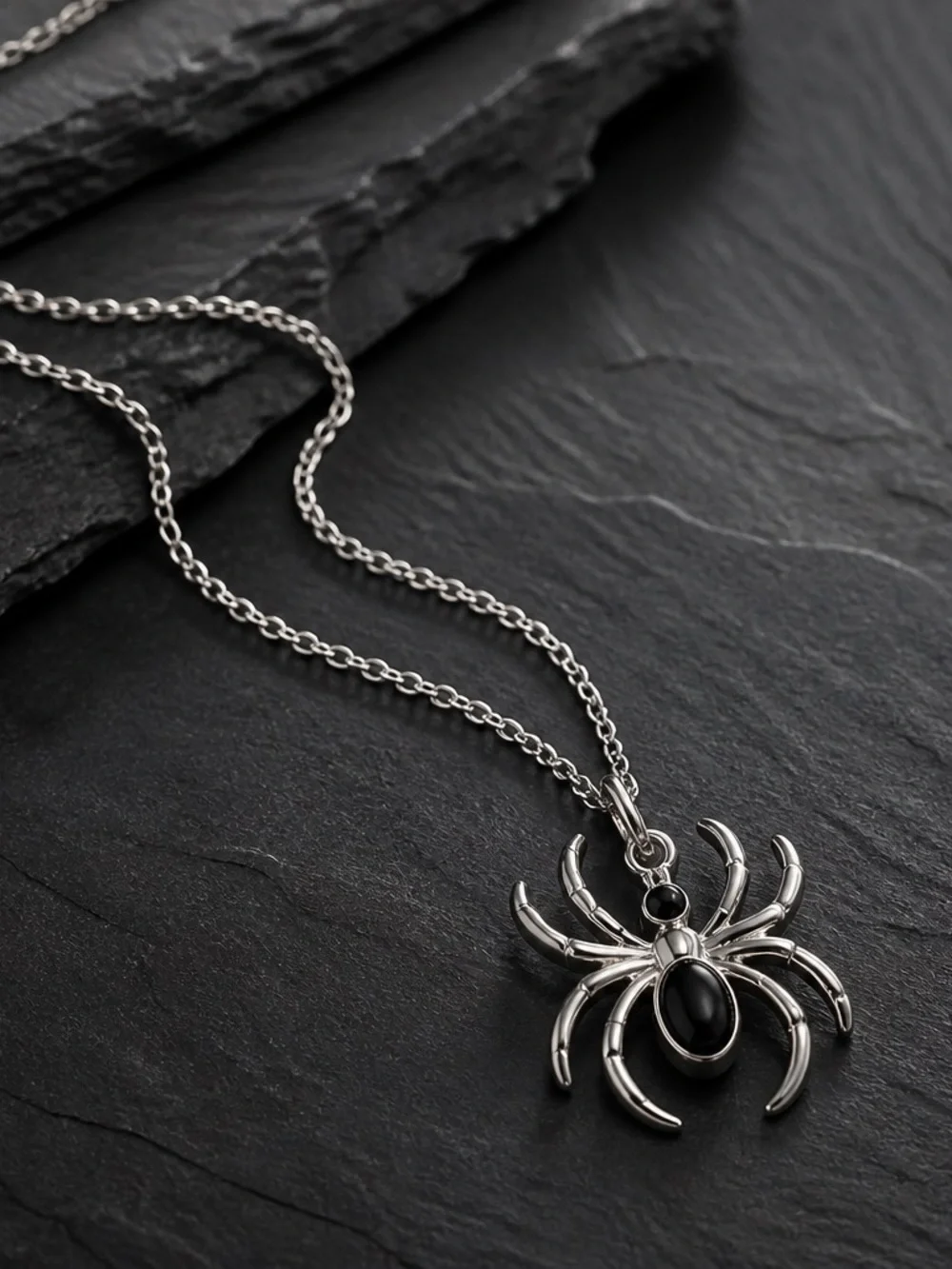 Sterling Spider Pendant Necklace with Black Stones - unisex